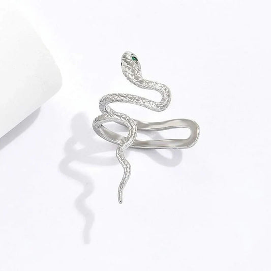 1pc hip hop 3d snake shape clip-on earring with textured silver scales and green rhinestone zircon snake eye for women
