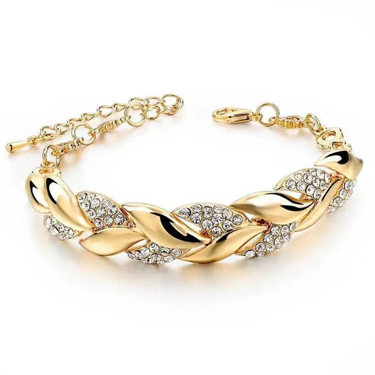 Gold-toned hip hop leaf pendant bracelet elegant with twisted shining crystal stones and adjustable chain for daily wear