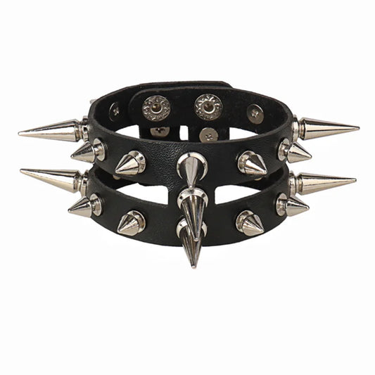 Black leather hip hop wristband bracelet with silver spikes and studs vintage goth rock cosplay accessory