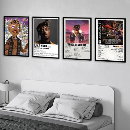 Four black framed juice wrld hip hop rapper music posters with colorful art on white backgrounds for retro room decor