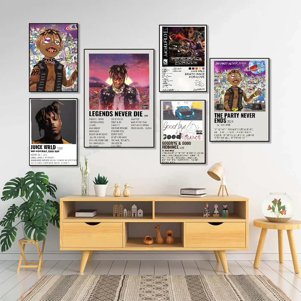 Six framed juice wrld hip hop rapper music poster waterproof designs for retro room decor and bedroom gift