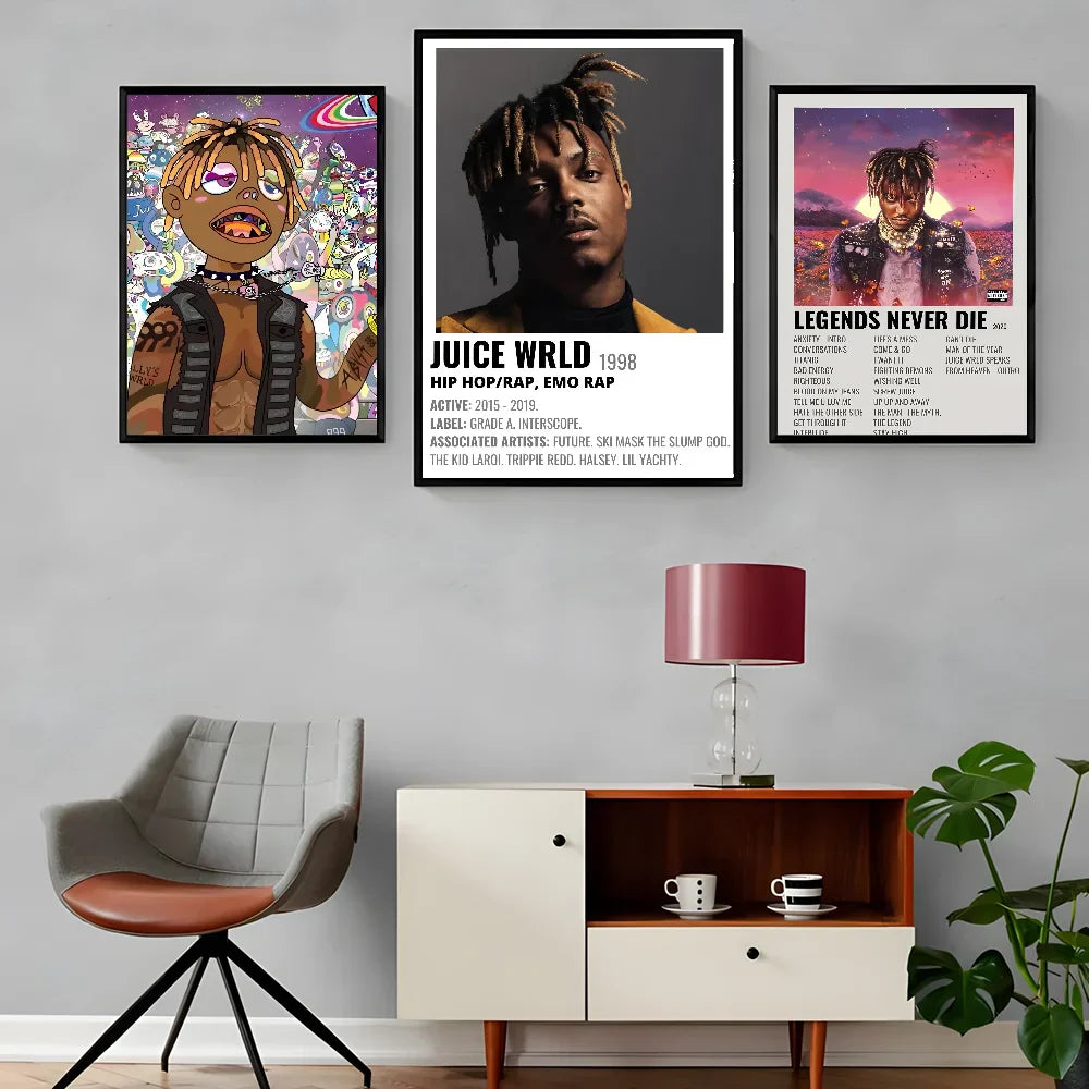 Three framed posters featuring hip hop rapper juice wrld with a central portrait music poster waterproof for retro room decor
