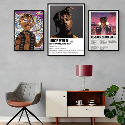 Three framed posters featuring hip hop rapper juice wrld with a central portrait music poster waterproof for retro room decor