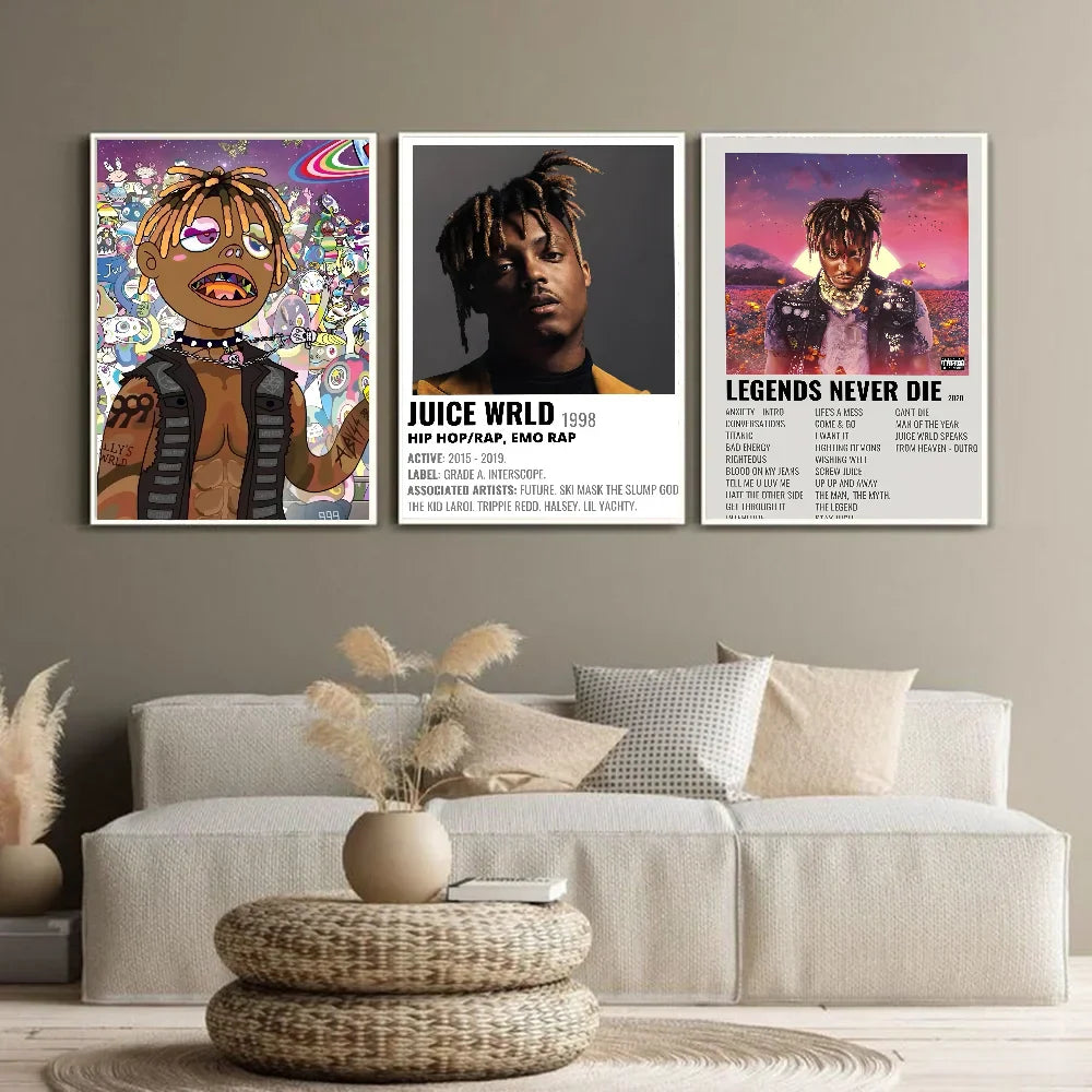 Three framed juice wrld hip hop rapper music posters featuring cartoon, black and white portrait, and album cover retro decor
