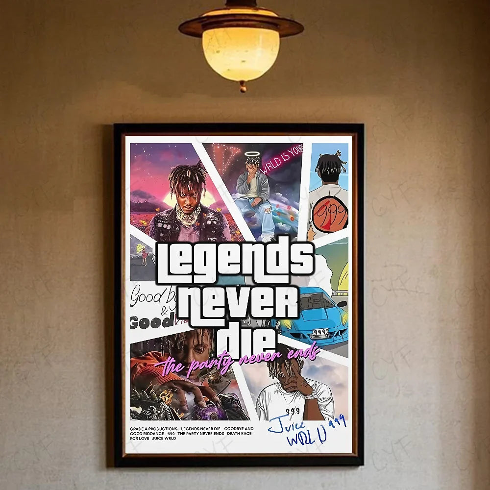 A framed hip hop rapper juice wrld music poster waterproof featuring legends never die text for retro room decor
