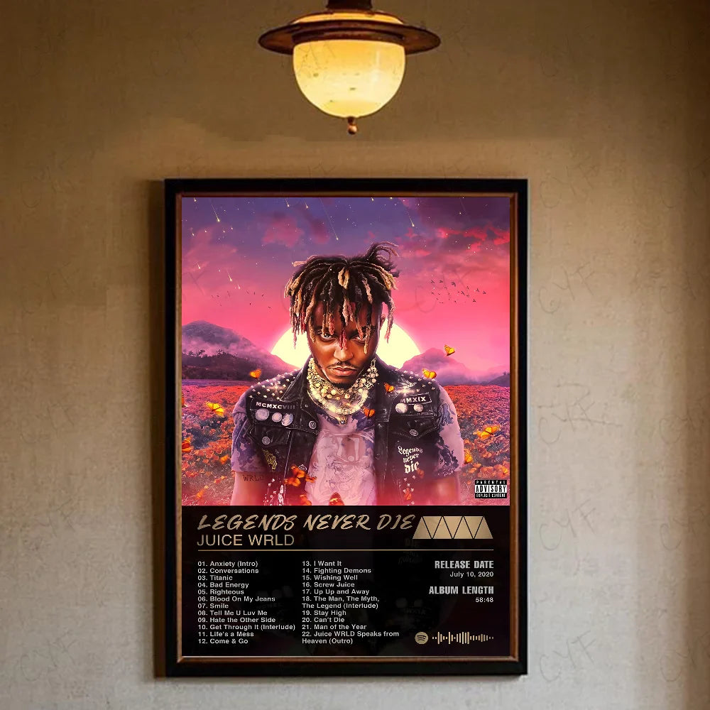 A framed hip hop rapper juice wrld music poster waterproof featuring vibrant orange flowers and retro room decor colors