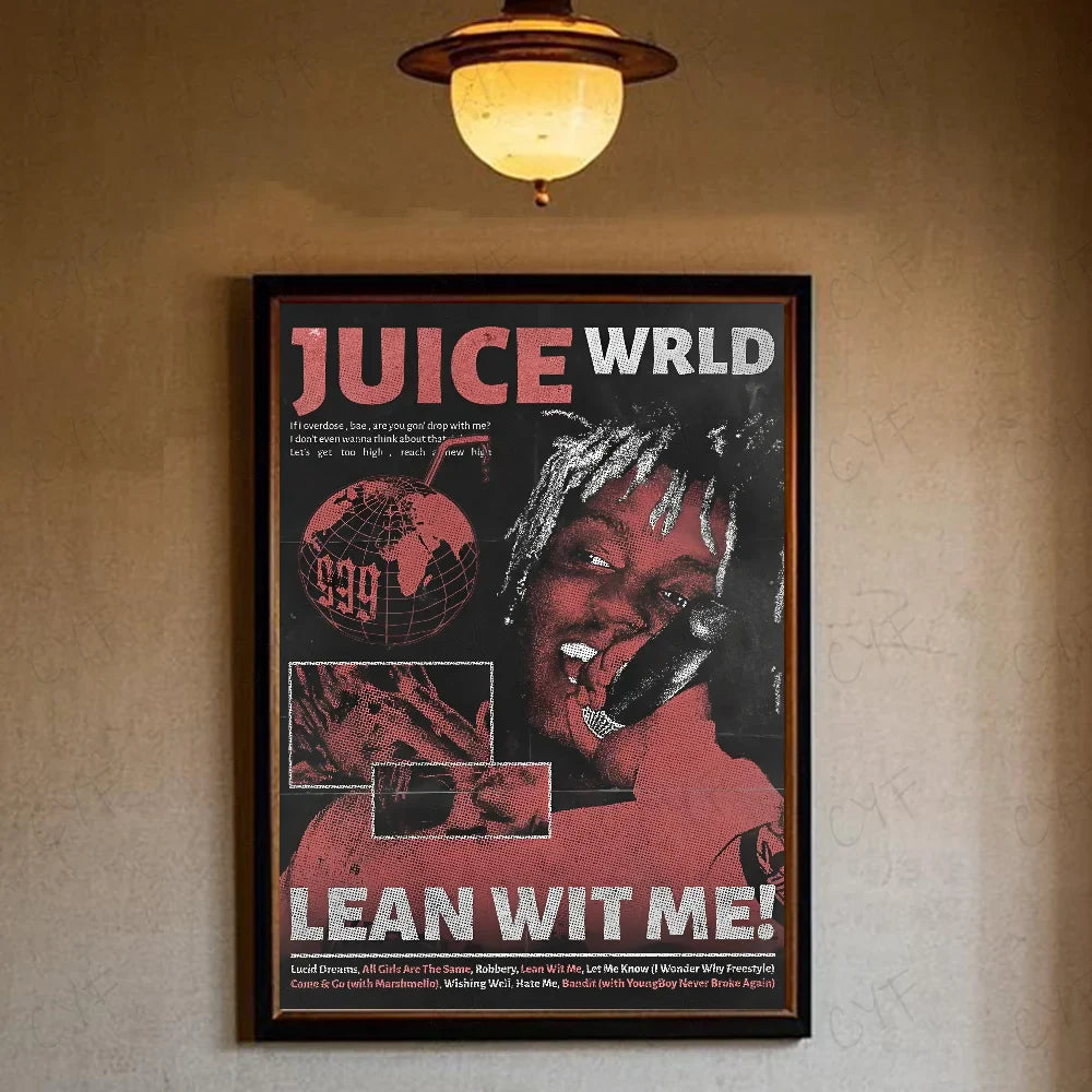 Black-framed hip hop rapper juice wrld music poster waterproof with red white text globe graphic for retro room decor