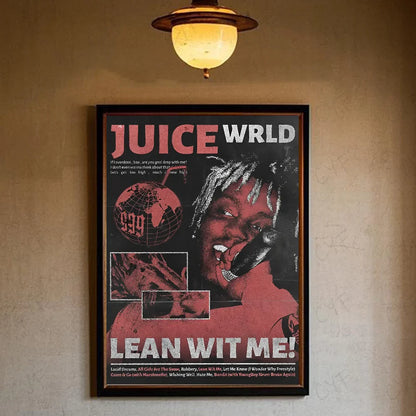Black-framed hip hop rapper juice wrld music poster waterproof with red white text globe graphic for retro room decor