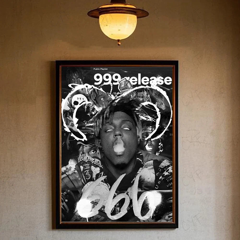Black and white hip hop rapper music poster waterproof with 999 portrait and graffiti style for retro room decor