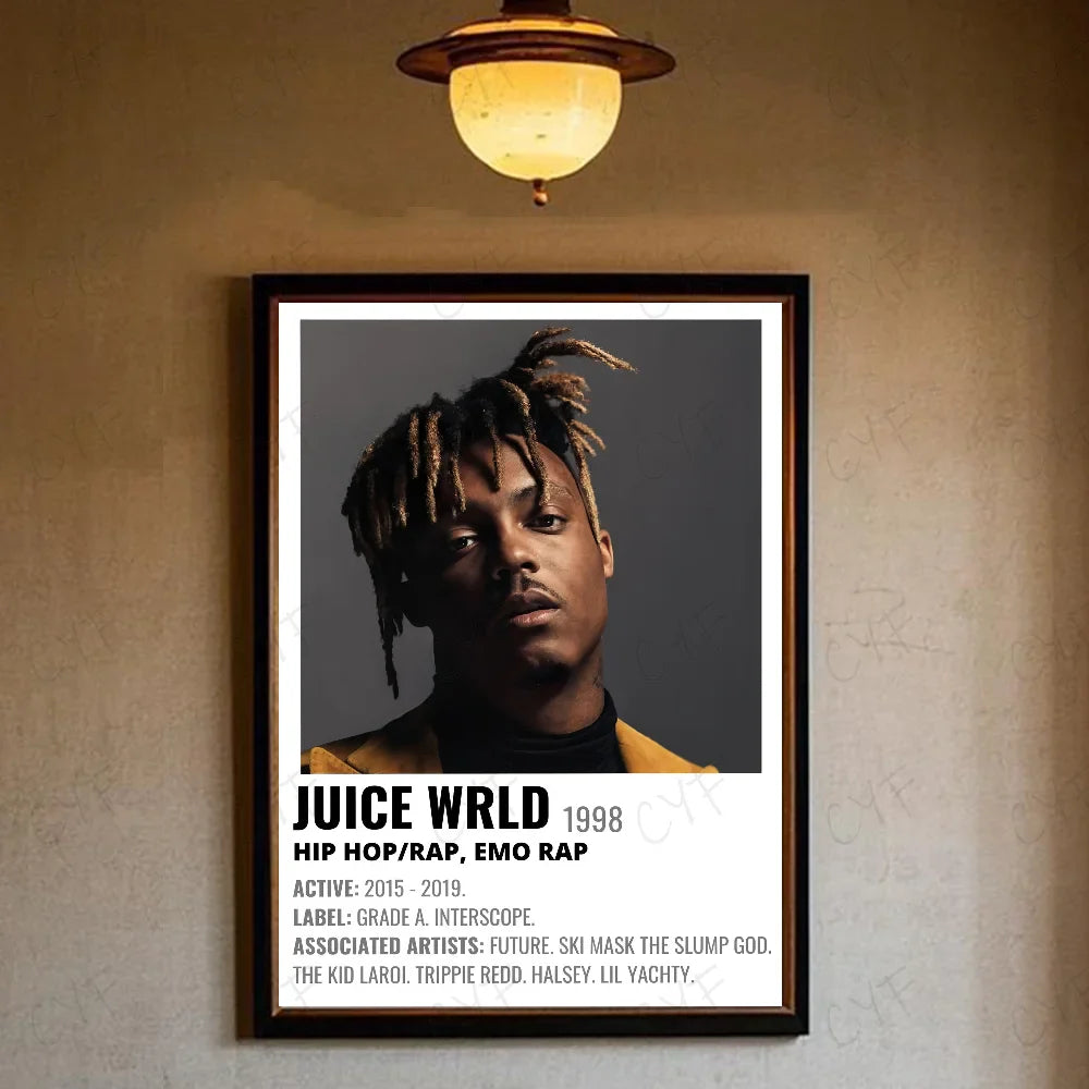 Black-framed hip hop rapper juice wrld music poster waterproof in yellow jacket for retro room decor gift