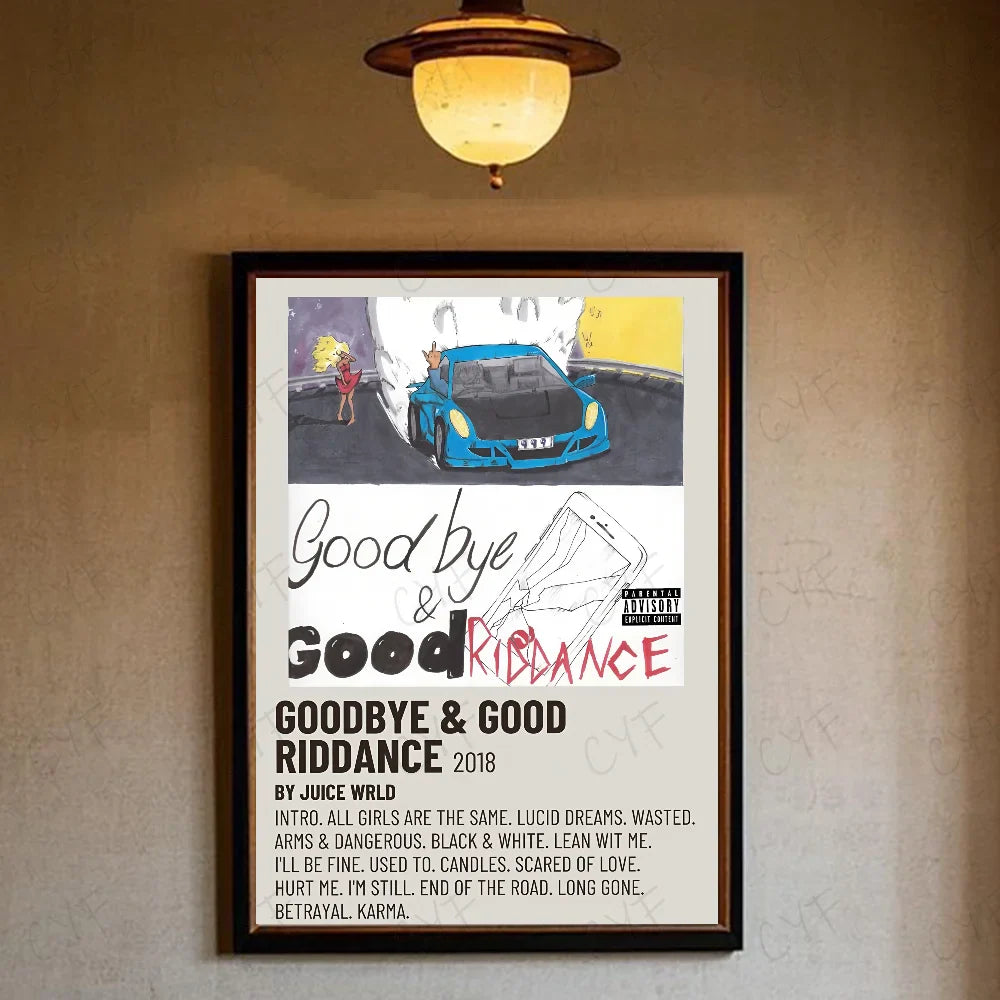 Black-framed hip hop rapper juice wrld music poster waterproof featuring blue sports car for retro room decor gift