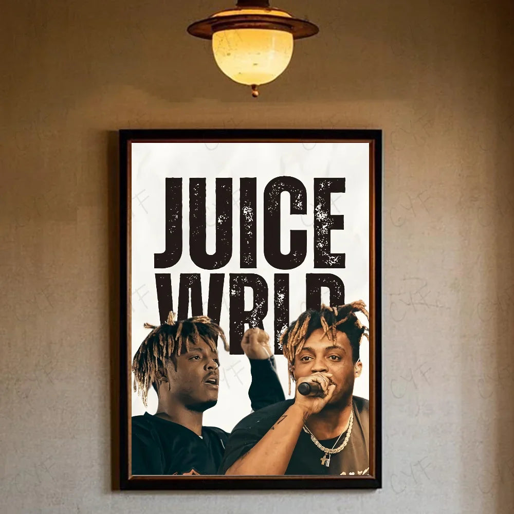 Black-framed hip hop rapper juice wrld music poster waterproof with distressed text for retro room decor gift