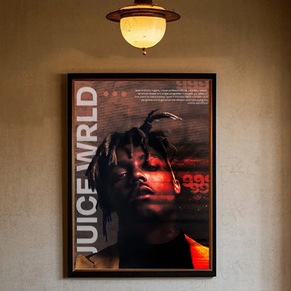 Black-framed hip hop rapper juice wrld music poster waterproof with red orange lighting for retro room decor