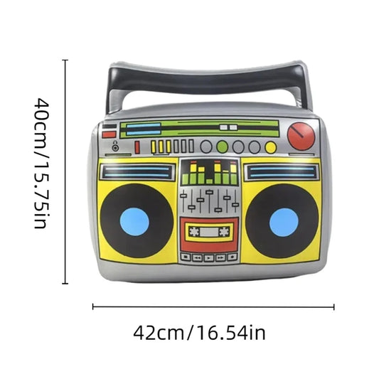 Inflatable radio boombox with silver body yellow panel black vinyl record speakers and colorful dials for 80s 90s theme party