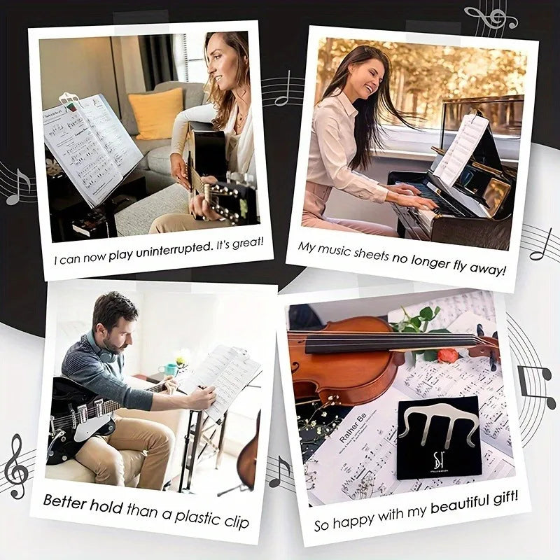 Black metal music book clip with sleek minimalist design and curved base displays sheet music for easy reading perfect