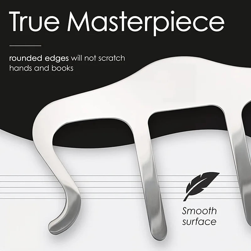 Silver music book clip made of smooth piano fork metal with rounded edges displays sheet music for easy reading perfect