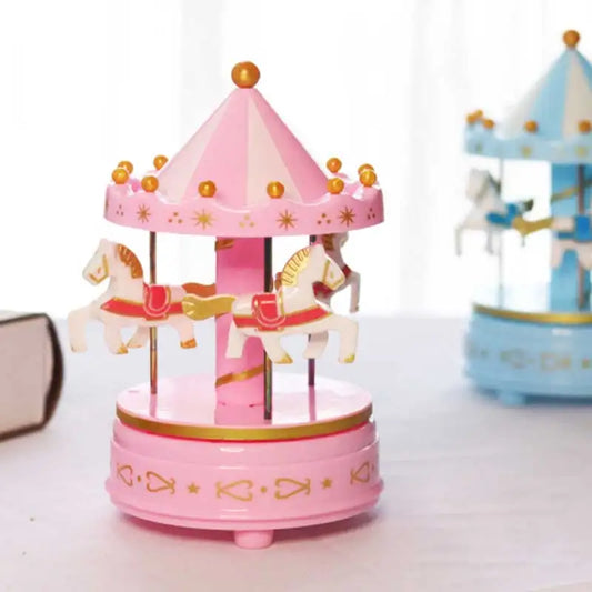 Pink and gold luxury carousel music box with four white horses rotate rotation handcrafted carousel toys gift
