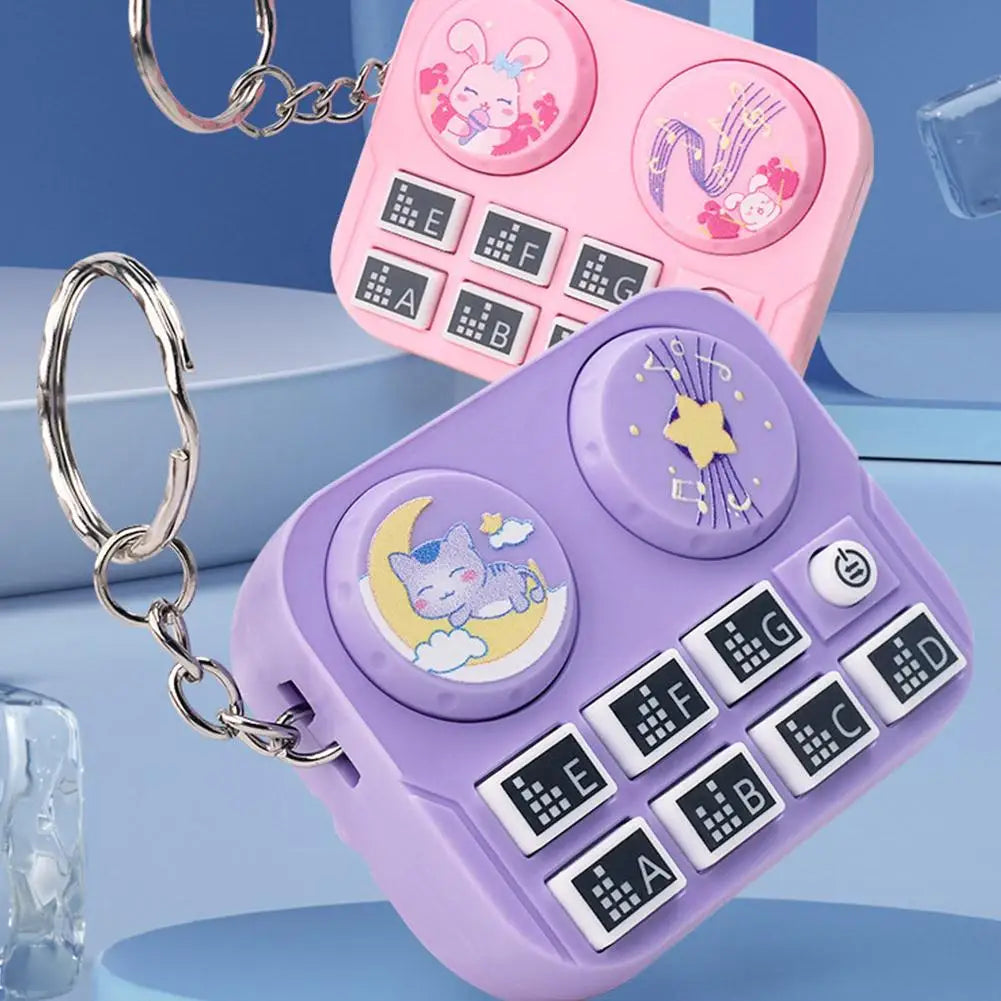 Purple plastic mini music dj disc player keychain with cartoon cat and star knobs educational toy bag pendant
