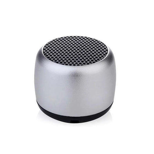 Compact silver bluetooth speaker portable with black perforated grille and matte metal wireless loudspeaker finish