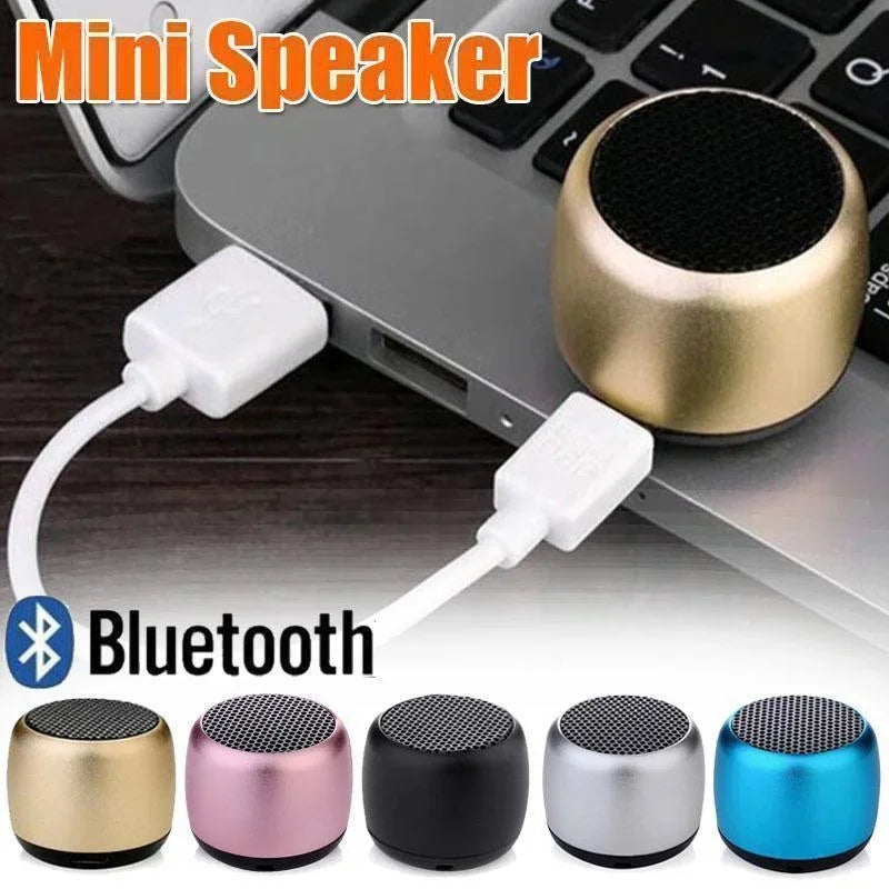 Gold-colored cylindrical mini bluetooth speaker portable with black mesh grille metal wireless loudspeaker for mobile use
