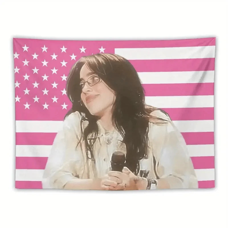 Pink and white striped american flag tapestry with a billie eilish portrait for living room or bedroom wall decor