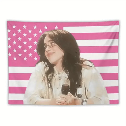 Pink and white striped american flag tapestry with a billie eilish portrait for living room or bedroom wall decor
