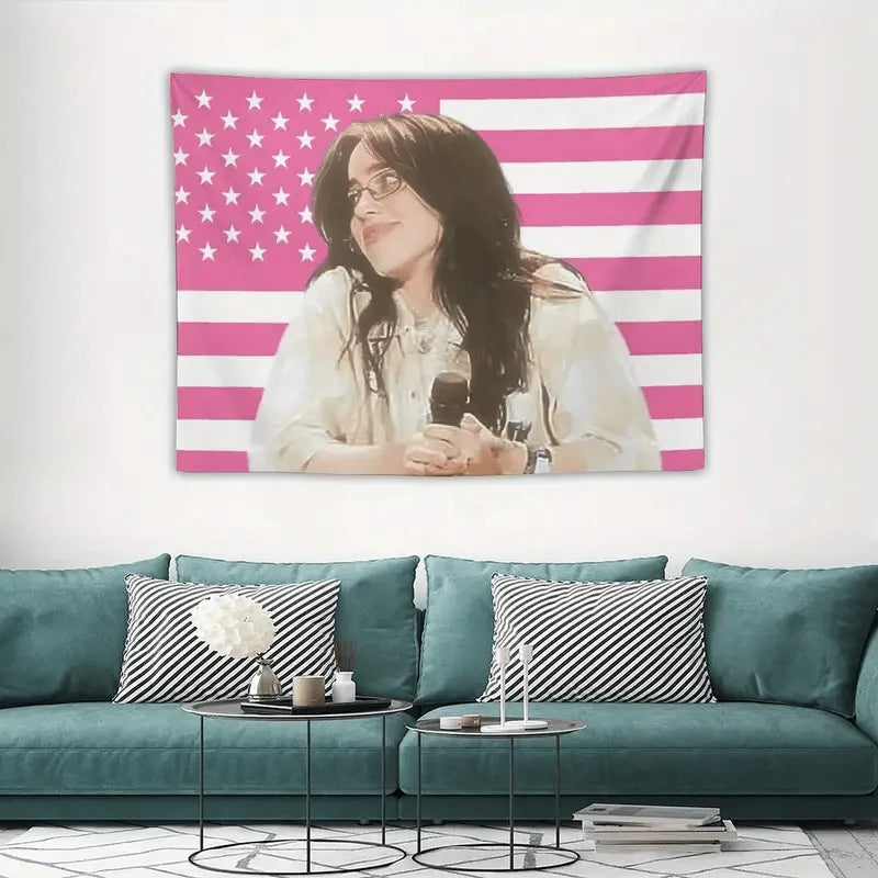 Pink and white american flag-themed tapestry with a portrait of a woman holding a microphone for wall hanging decor