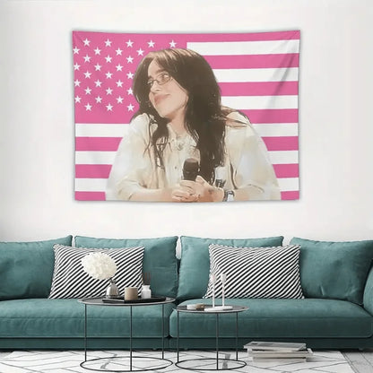Pink and white american flag-themed tapestry with a portrait of a woman holding a microphone for wall hanging decor