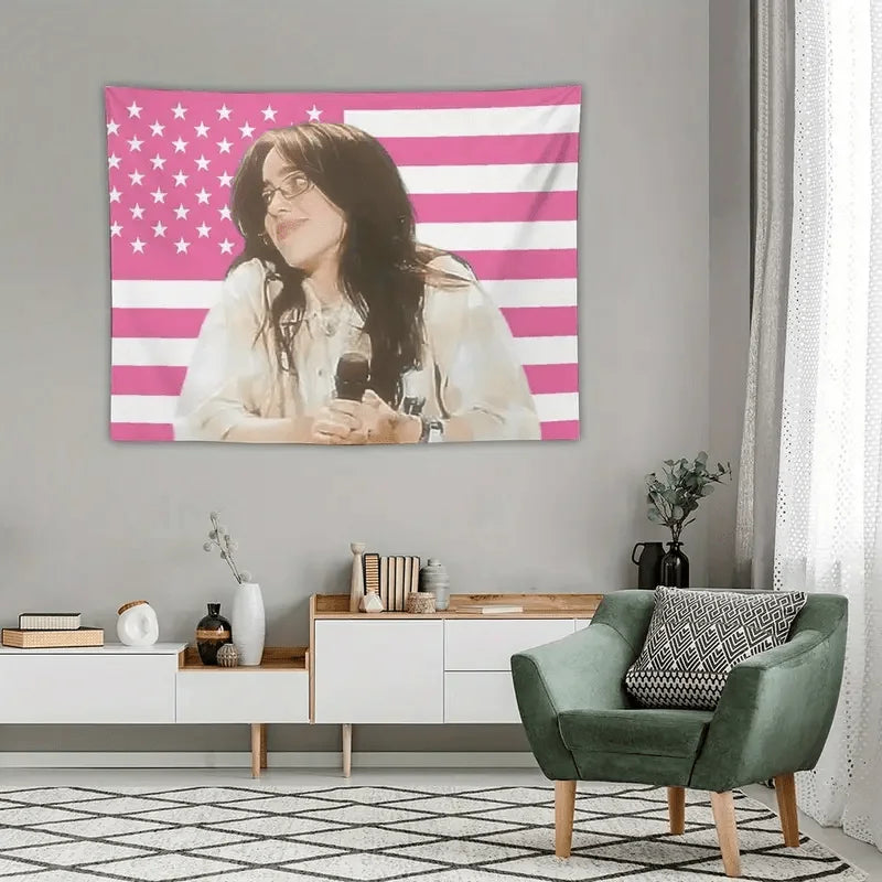 1pc pink and white american flag-themed music album tapestry featuring a woman holding a microphone for wall decor