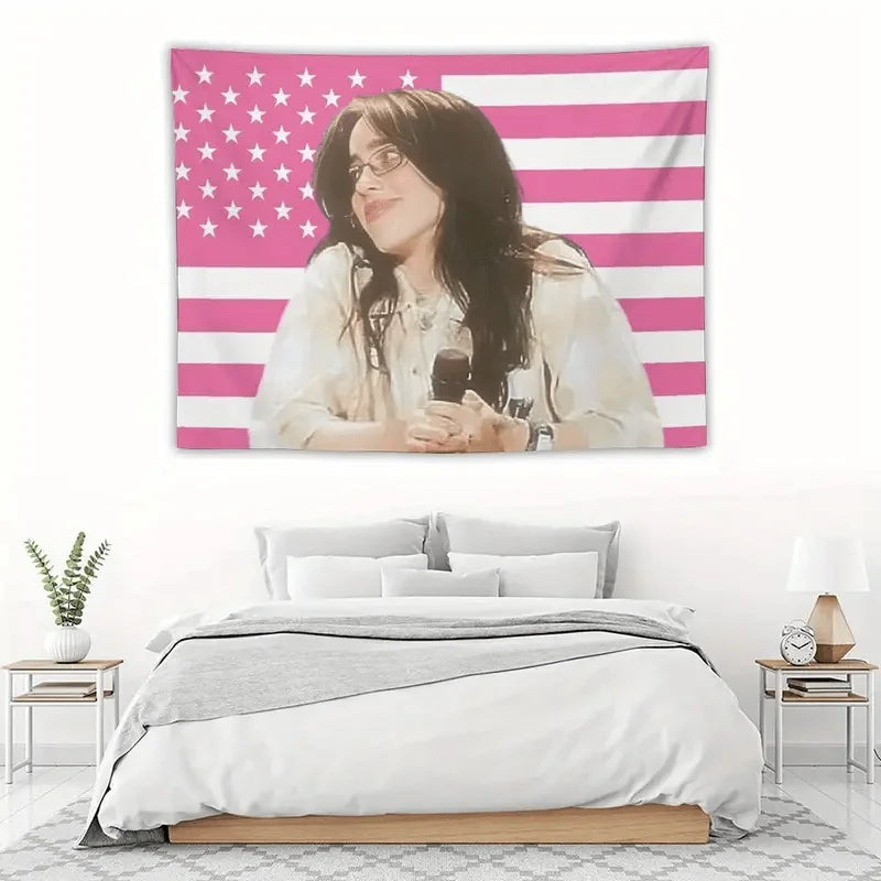 Pink and white american flag-themed wall tapestry featuring a billie eilish portrait for living room decor