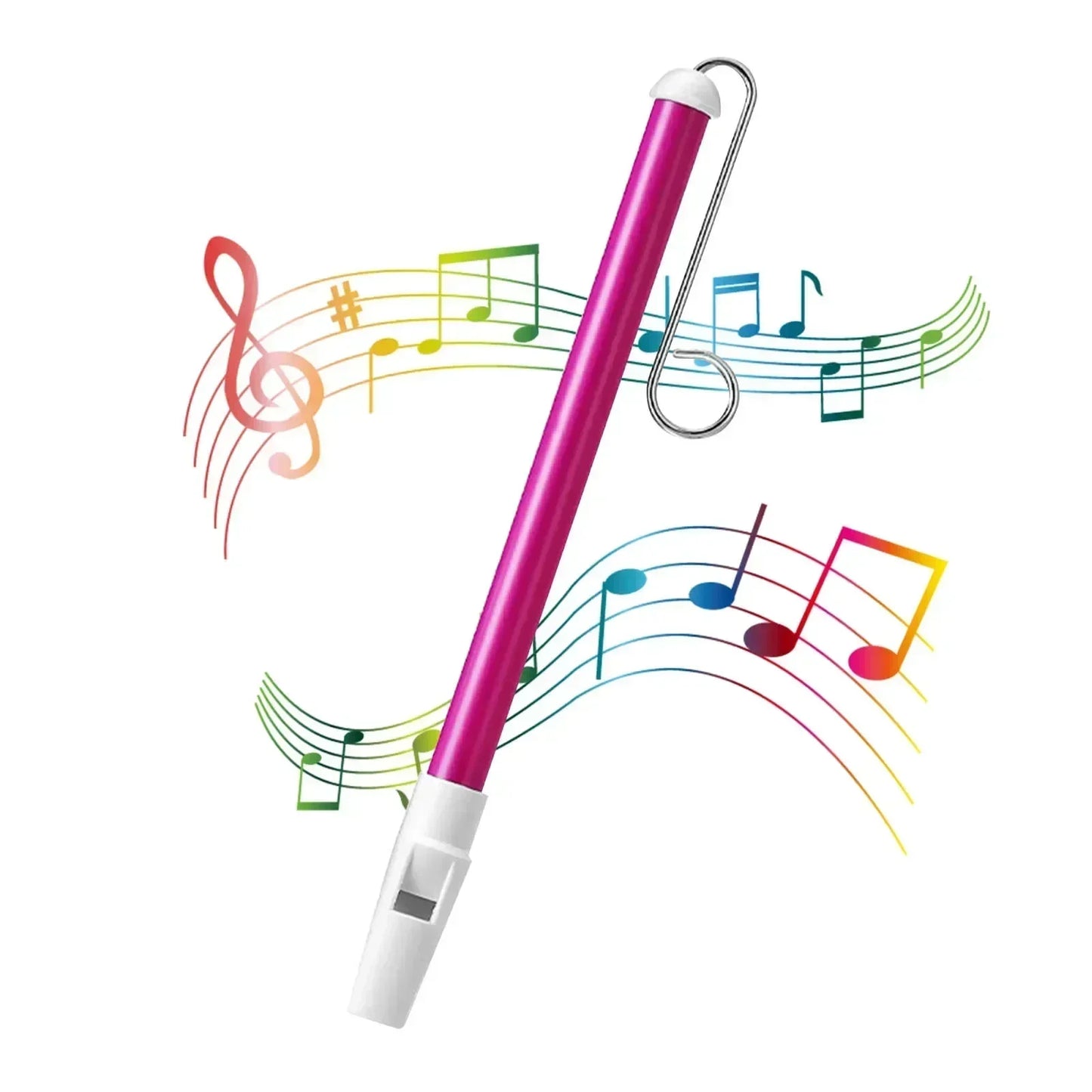A vibrant pink and white plastic sliding whistle toy with metallic clip designed as a blowing flute for children