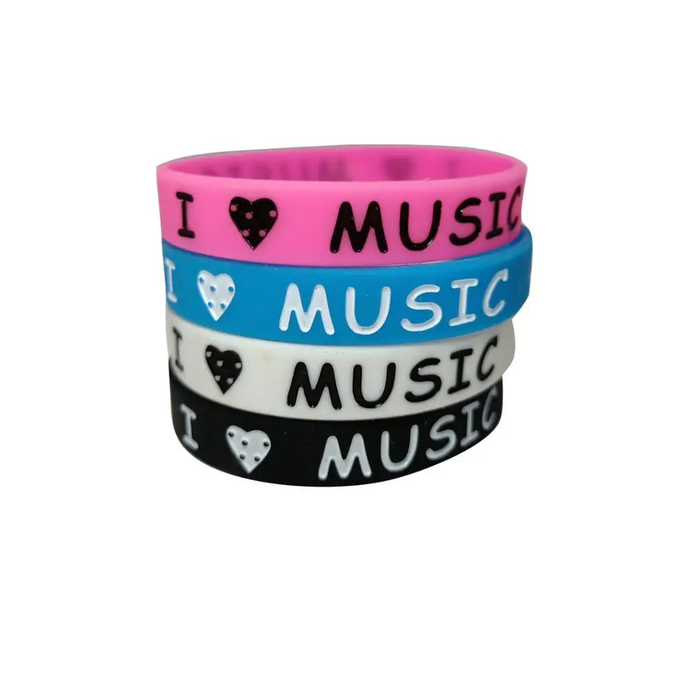 Stacked pink blue white and black music silicone wristbands with i heart music design ink filled for fans silicone rubber gift