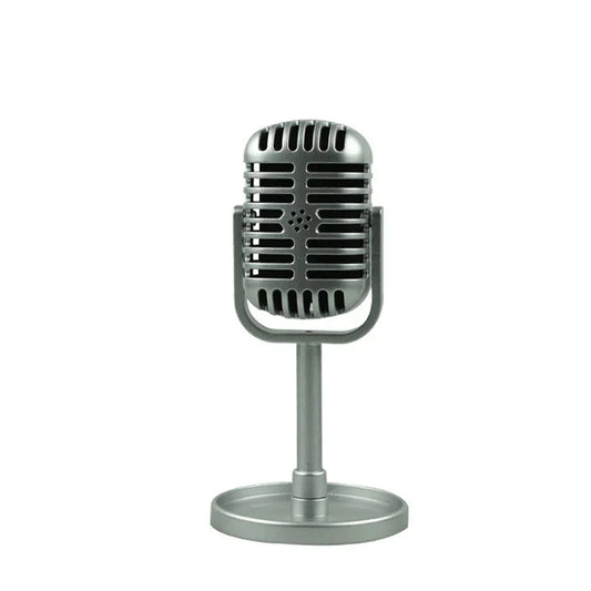 Vintage style silver vocal microphone with classic retro dynamic grille design on a sturdy mic universal stand