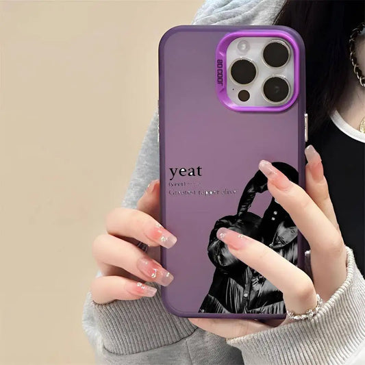 Back side of 1pc opium yeat phone case laser with color silver shell featuring purple design and yeat graphic for iphone models