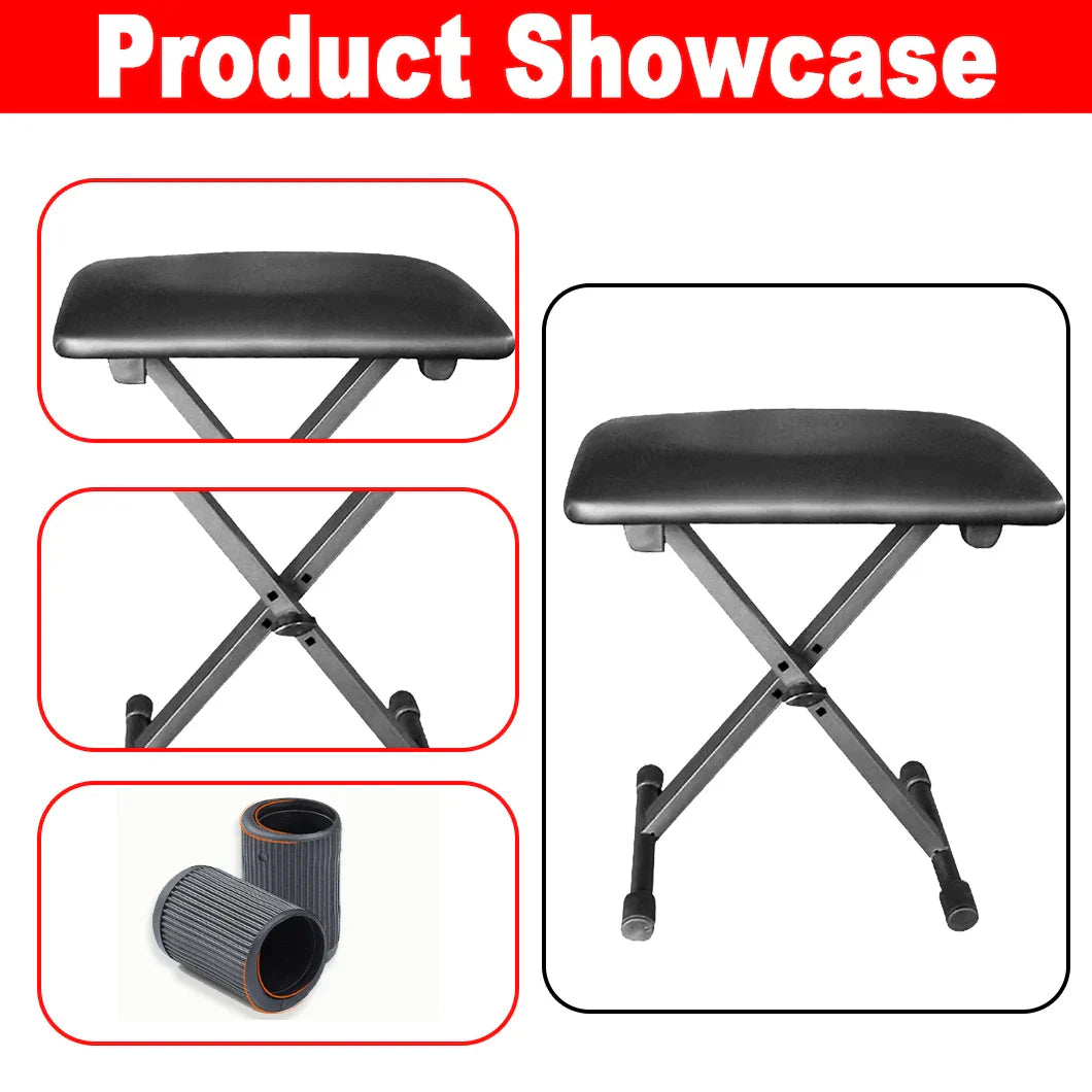 Black padded adjustable keyboard bench with folding metal frame rubberized feet portable stool collapsible chair foldable seat