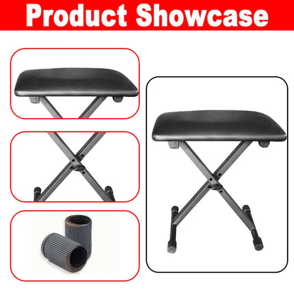 Black padded adjustable keyboard bench with folding metal frame rubberized feet portable stool collapsible chair foldable seat