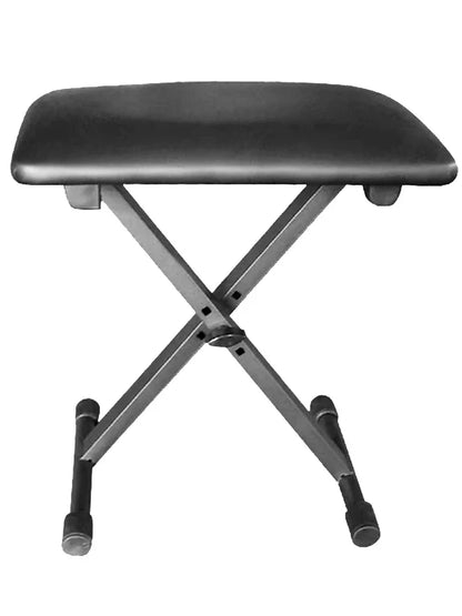 Black padded adjustable keyboard bench with x-shaped metal frame and non-skid collapsible chair foldable design