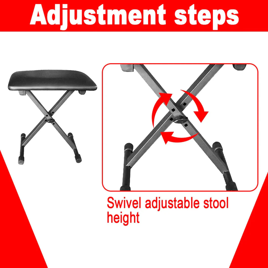 Black padded adjustable keyboard bench with swivel, height adjustable x-frame metal base, portable stool collapsible design