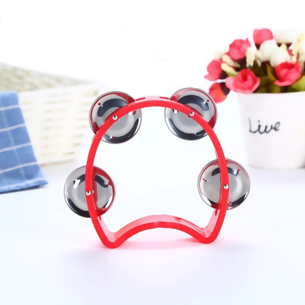 Red plastic percussion tambourine with four silver jingles adults hand tambourine musical rhythm instrument for party