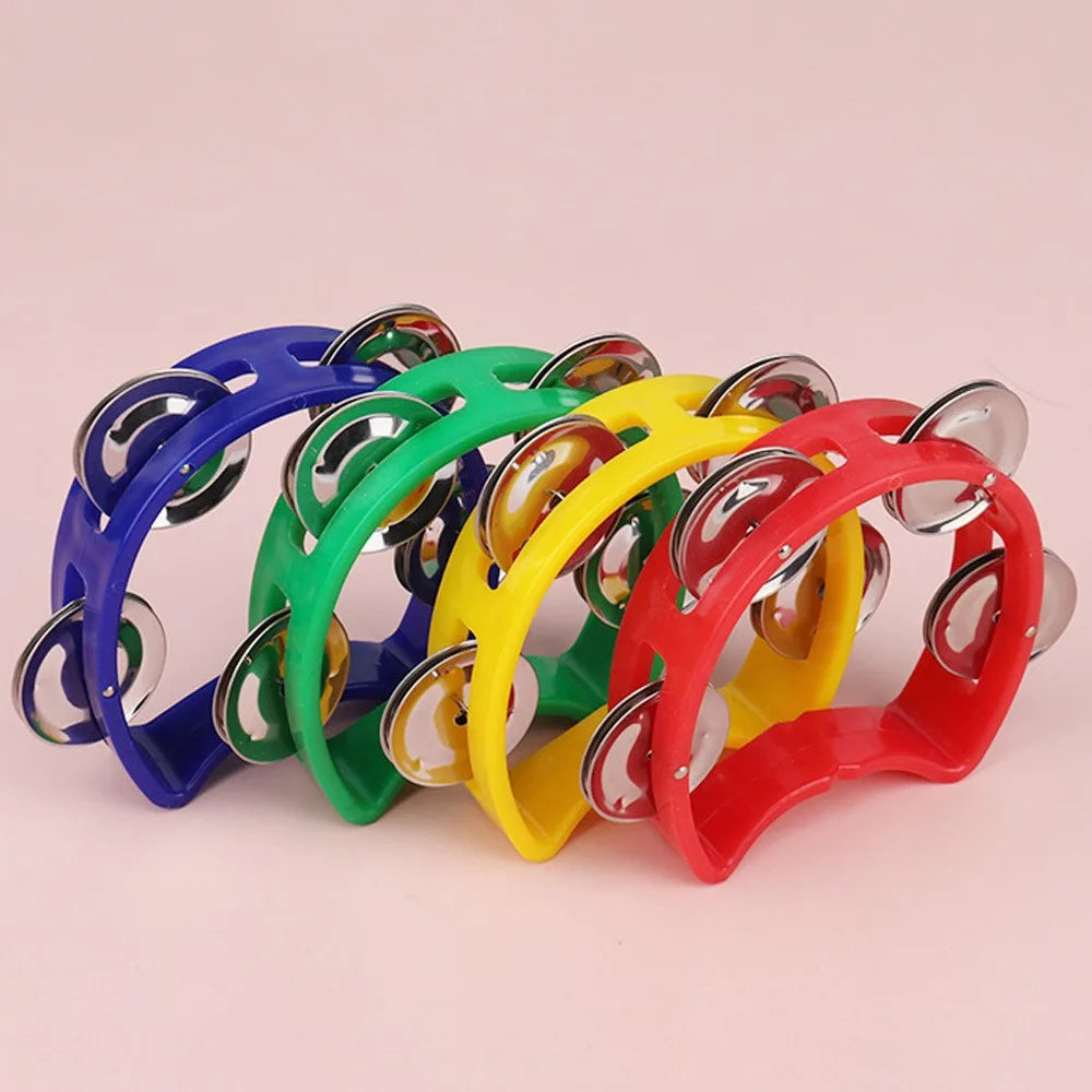 A set of four colorful plastic percussion tambourines with metallic jingles for adults hand tambourine musical rhythm instrument