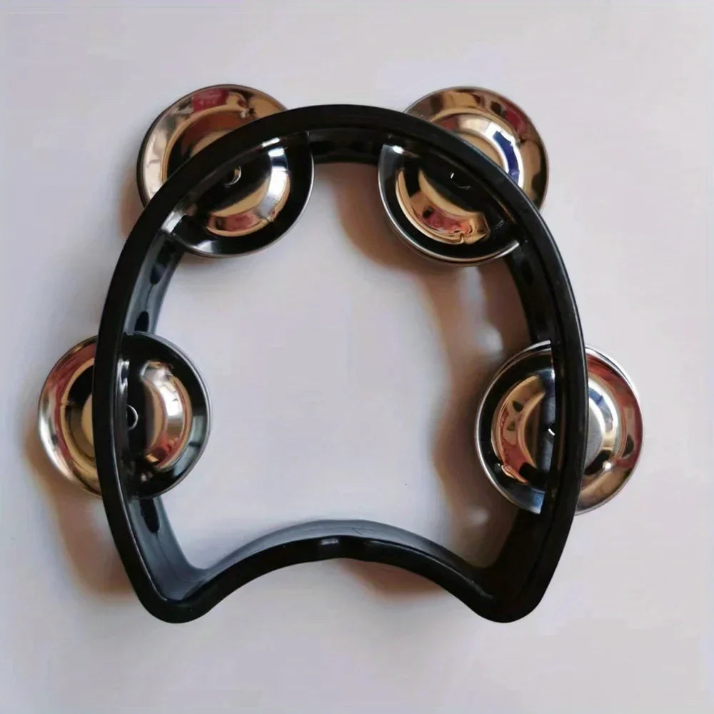 Black plastic percussion tambourine with four chrome jingles adults hand tambourine for musical rhythm instrument use