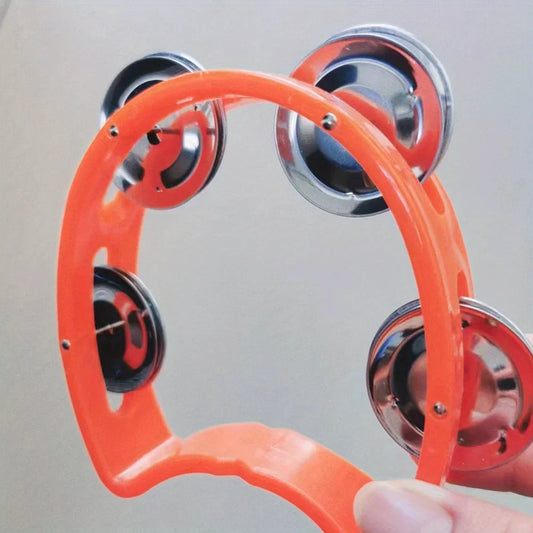Bright orange plastic percussion tambourine with four chrome jingles adults hand tambourine musical rhythm instrument