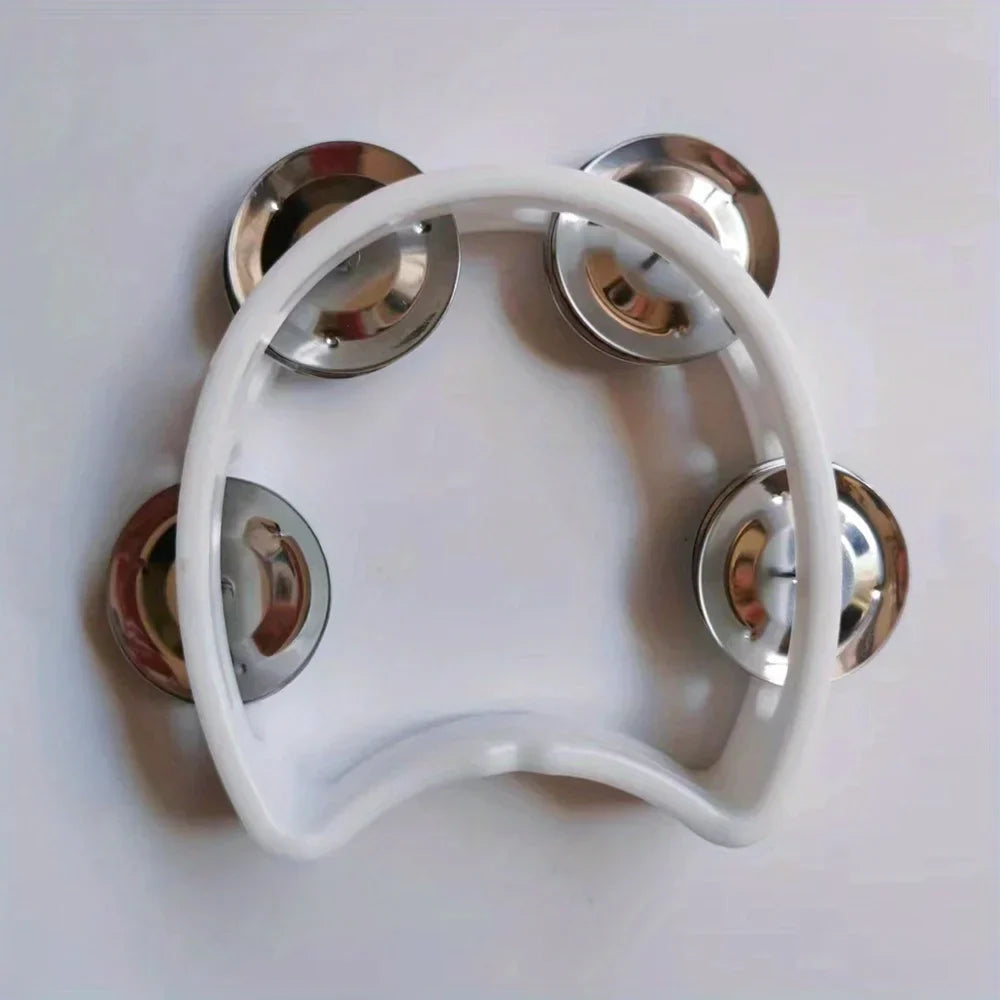 White plastic percussion tambourine with four metallic jingles adults hand tambourine musical rhythm instrument