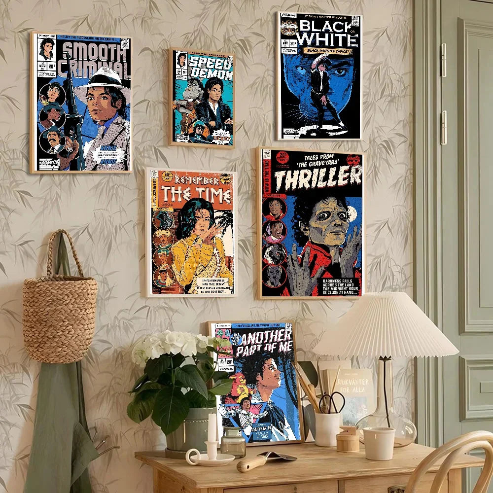 Five framed michael jackson comic book style posters on light background self-adhesive waterproof wall decor