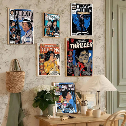 Five framed michael jackson comic book style posters on light background self-adhesive waterproof wall decor