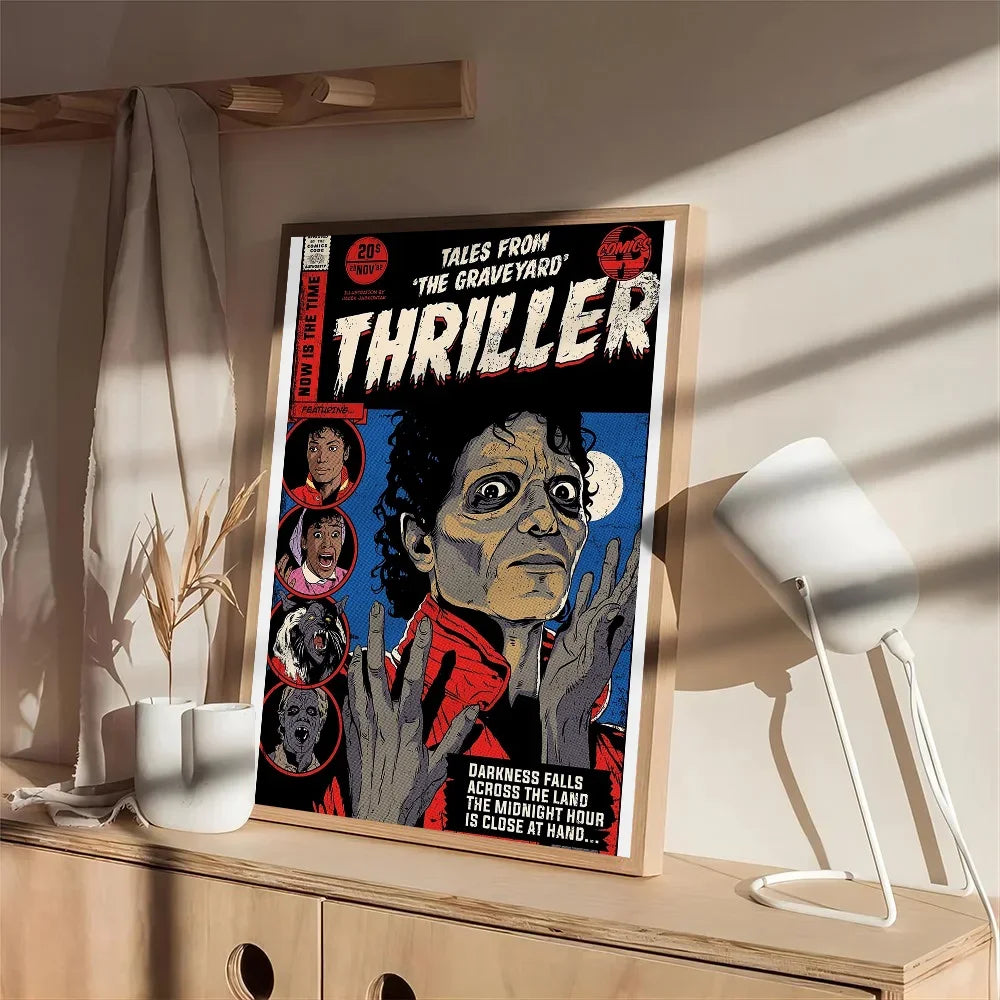 A framed comic book style michael jackson thriller poster in a red jacket on waterproof art paper for wall decor