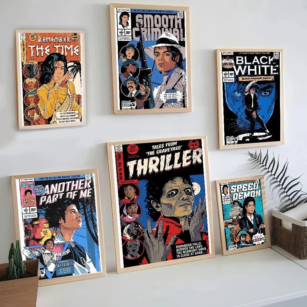 Framed comic book style michael jackson poster with vibrant artwork bold text on waterproof self-adhesive paper