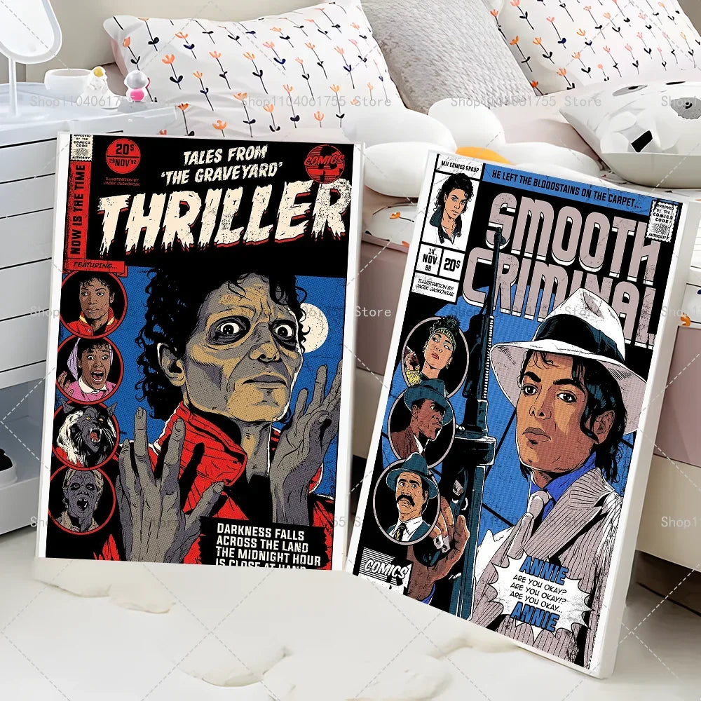 Two framed comic book style posters of michael jackson thriller with blue background and smooth criminal in white suit on waterproof paper sticker for wall decor