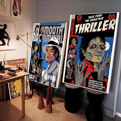 Vibrant comic book style michael jackson canvas print with bold red and blue hues on waterproof self-adhesive paper