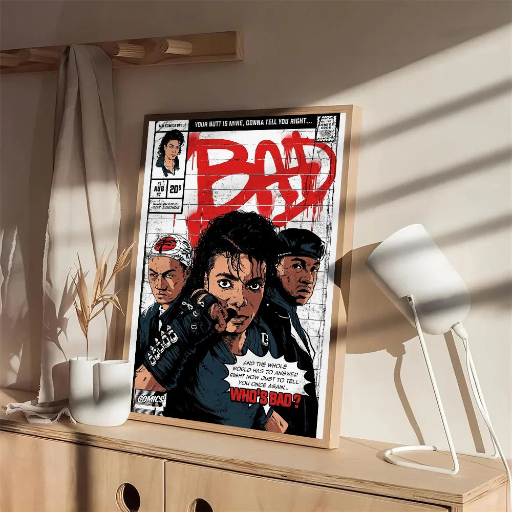 A framed comic-style poster of michael jackson in black with red graffiti lettering on waterproof self-adhesive paper